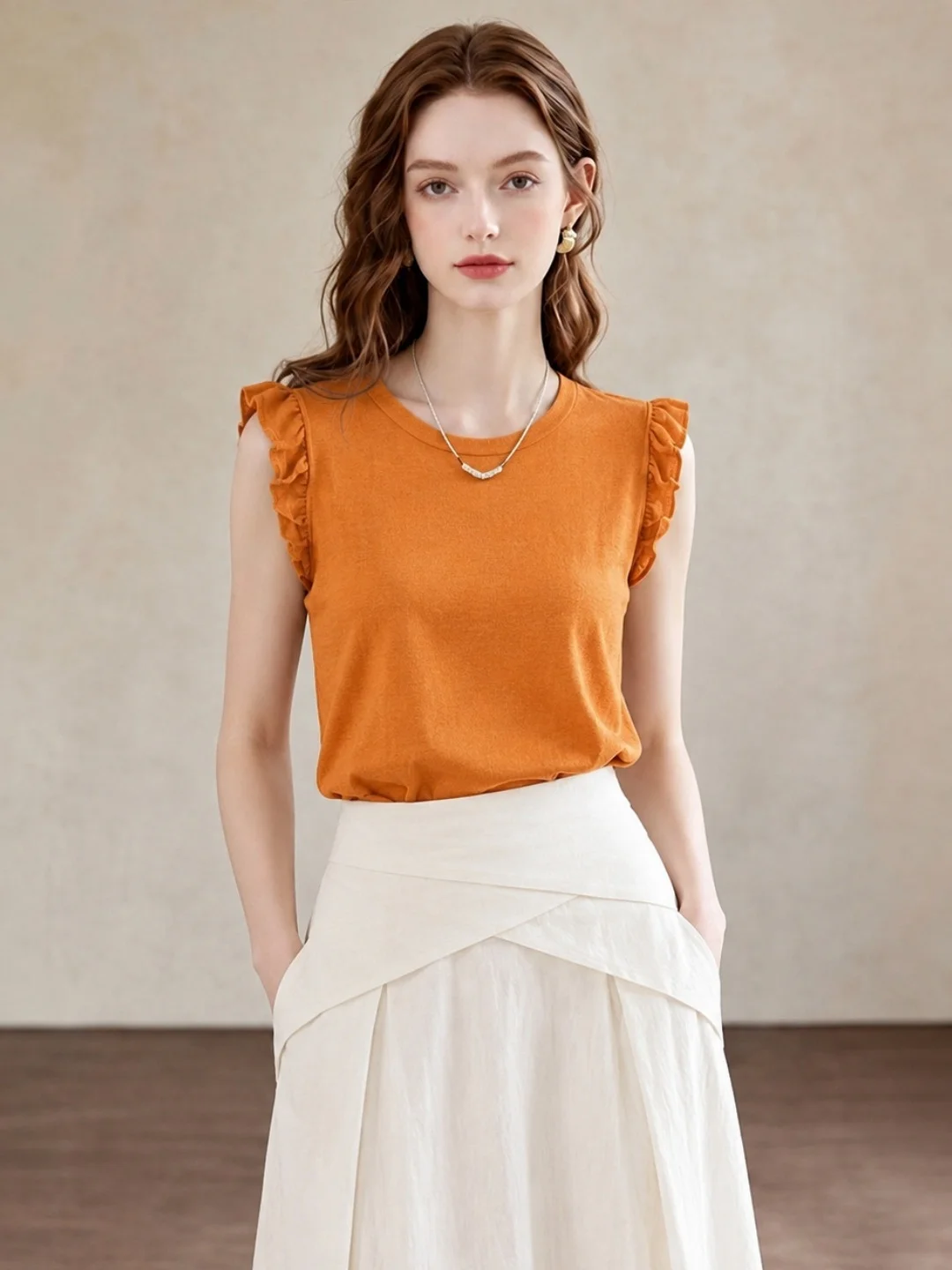 Trendy Minimalist Design Fleece Sleeve T-Shirt Women's Summer Fashionable Versatile Top Korean Style Straight Cut Silk