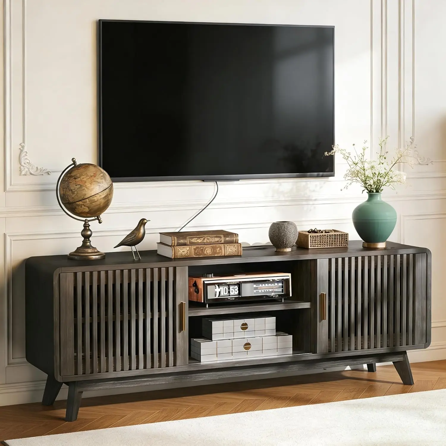 

Современная подставка для телевизора с диагональю 70 дюймов, развлекательный центр с местом для хранения и 2 раздвижными дверцами, регулируемые полки, телевизионная консоль.