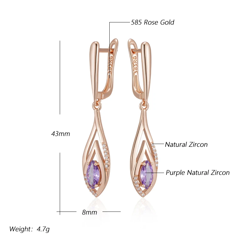 Kinel Hot Shiny Purple Natural Zircon Long Dangle Earrings for Women 585 Rose Gold Color Vintage Ethnic Bride Daily Fine Jewelry