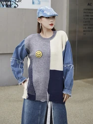 NYFS 2023 Autumn New Street Style Woman Sweater Casual Pullover Loose Plus Size Patchwork Denim Long Sleeve Tops