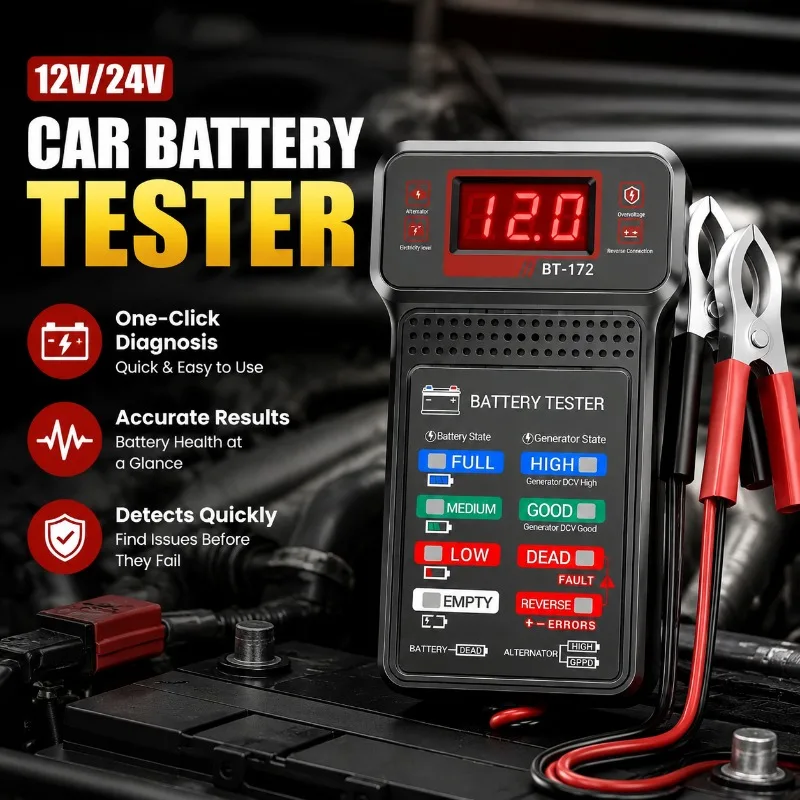 BT172 12V Batterietester Akkumulator-Prüfgerät für Auto, Elektroroller, Motorrad mit LED-Anzeige
