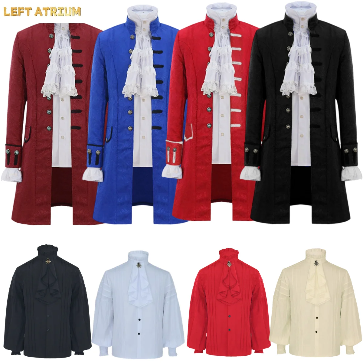 

Europe America Middle Ages Cosplay Costume Punk Retro Long Stand Collar Coat Trench Pirate Shirt Man Daily Halloween Suit