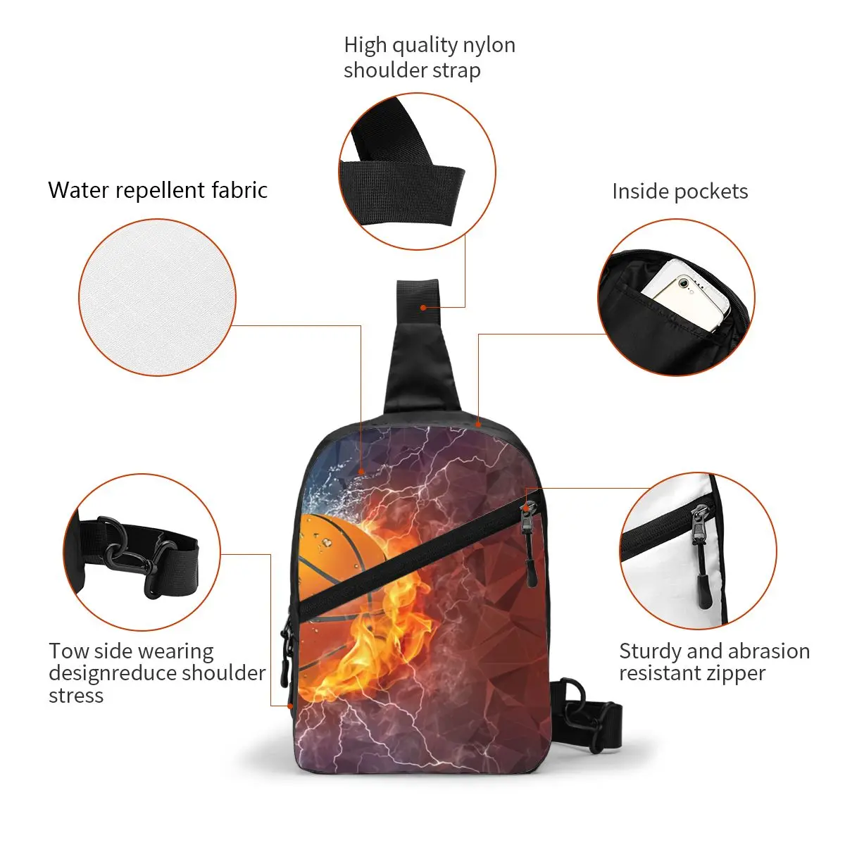 Custom Cool Flaming Basketball Sports Pattern Sling Crossbody Backpack Men Shoulder Chest Bag for Hiking