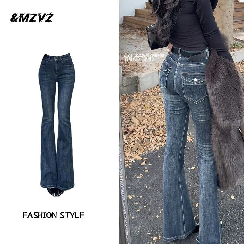 Blue-gray Design Micro-flared Jeans Women 2026 Autumn  Winter Velvet Thickened Temperament High-waisted and Thin Horseshoe Pants