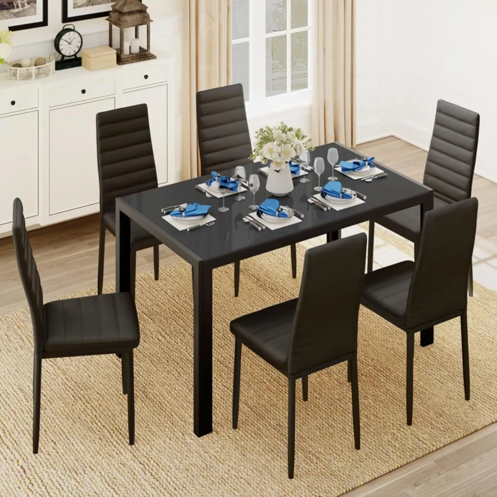 Glass Dining Table Sets for 6, 7 Piece Kitchen Table and Chairs Set for 6 Person, PU Leather Modern Dining Room Sets