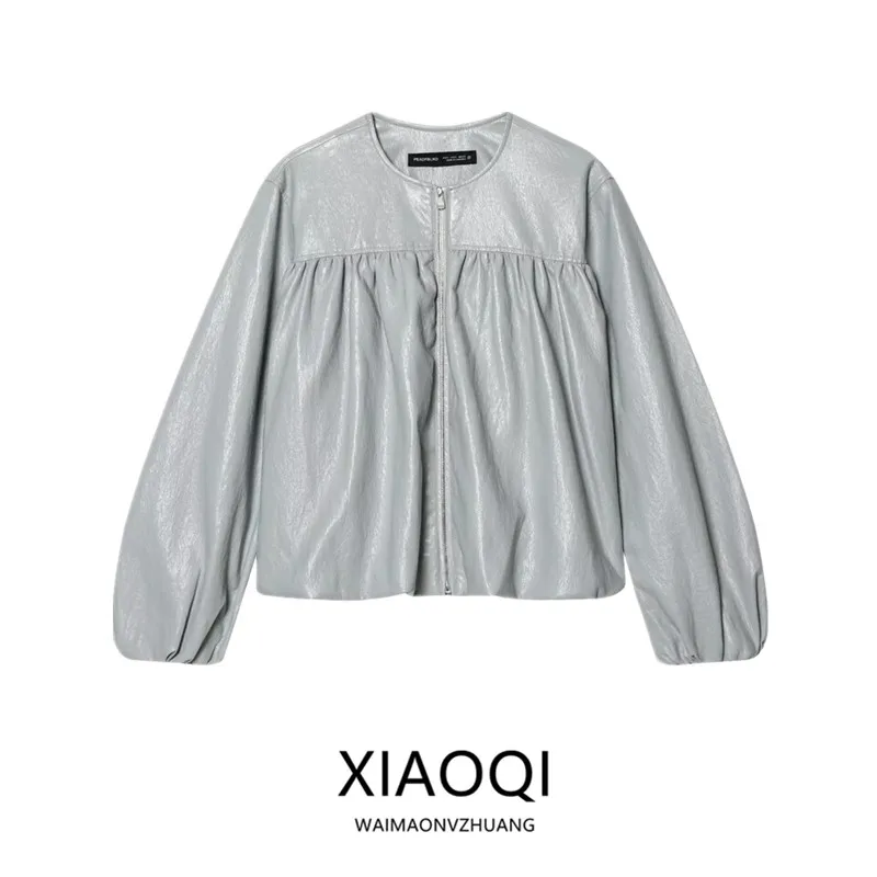 Spring 2026 Women's Long Sleeve round Neck Faux Leather Balloon Jacket Outerwear New Arrival Commute Style Loose Fit Zipper