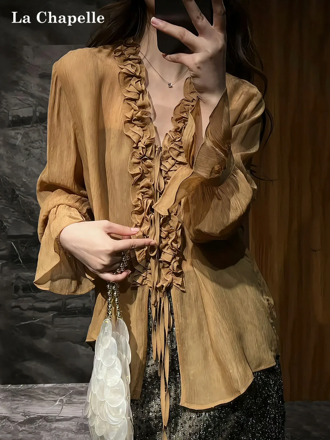 

La Chapelle Brown V-neck Tunic Shirt Women's Loose Bell Sleeve Top with Bow Tie Spring Autumn Anti-aging Fairy Style