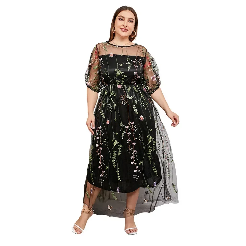 French Hepburn style oversized dress, women\'s mesh embroidered banquet party dress, 200 pounds to wear plus size women clothing