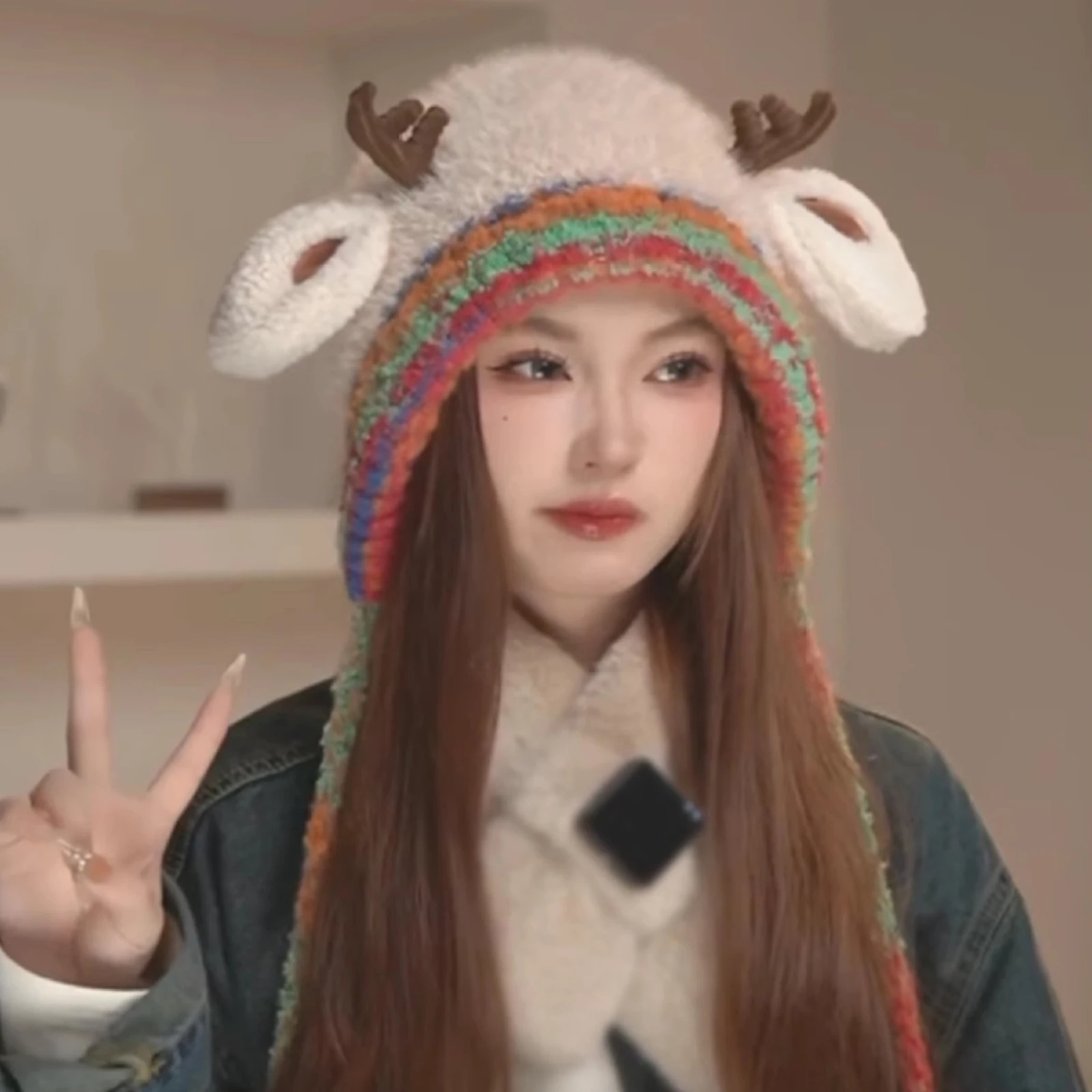 قبعة عيد الميلاد من القطيفة على شكل قرون عيد الميلاد، قبعة محبوكة سميكة لطيفة مع حماية للأذن، تحافظ على الدفء في الخريف والشتاء، غطاء أذن دافئ #3