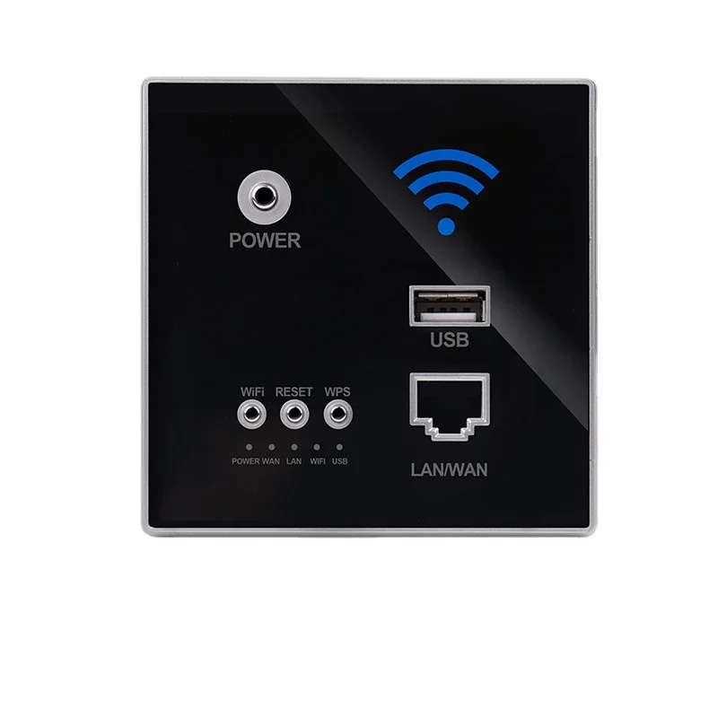 Glass panel wall wireless WiFi socket Rj45, smart usb charging socket, 220V power 300Mbps embedded wall WiFi router AC 90-250V