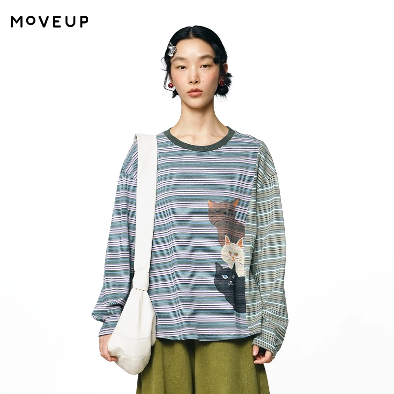 MOVEUP Long Sleeved Round Neck T-Shirt For Autumn Color Blocking Striped Patchwork Cat Embroidery Retro Tee For Women 3EWQ10505