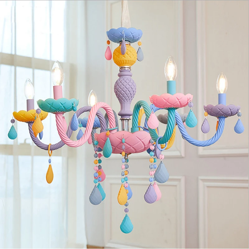 Macaron Creative Europe Candle Crystal Chandelier Style Home Decoration Rainbow Girl Princess Children's Room Bedroom Lamp