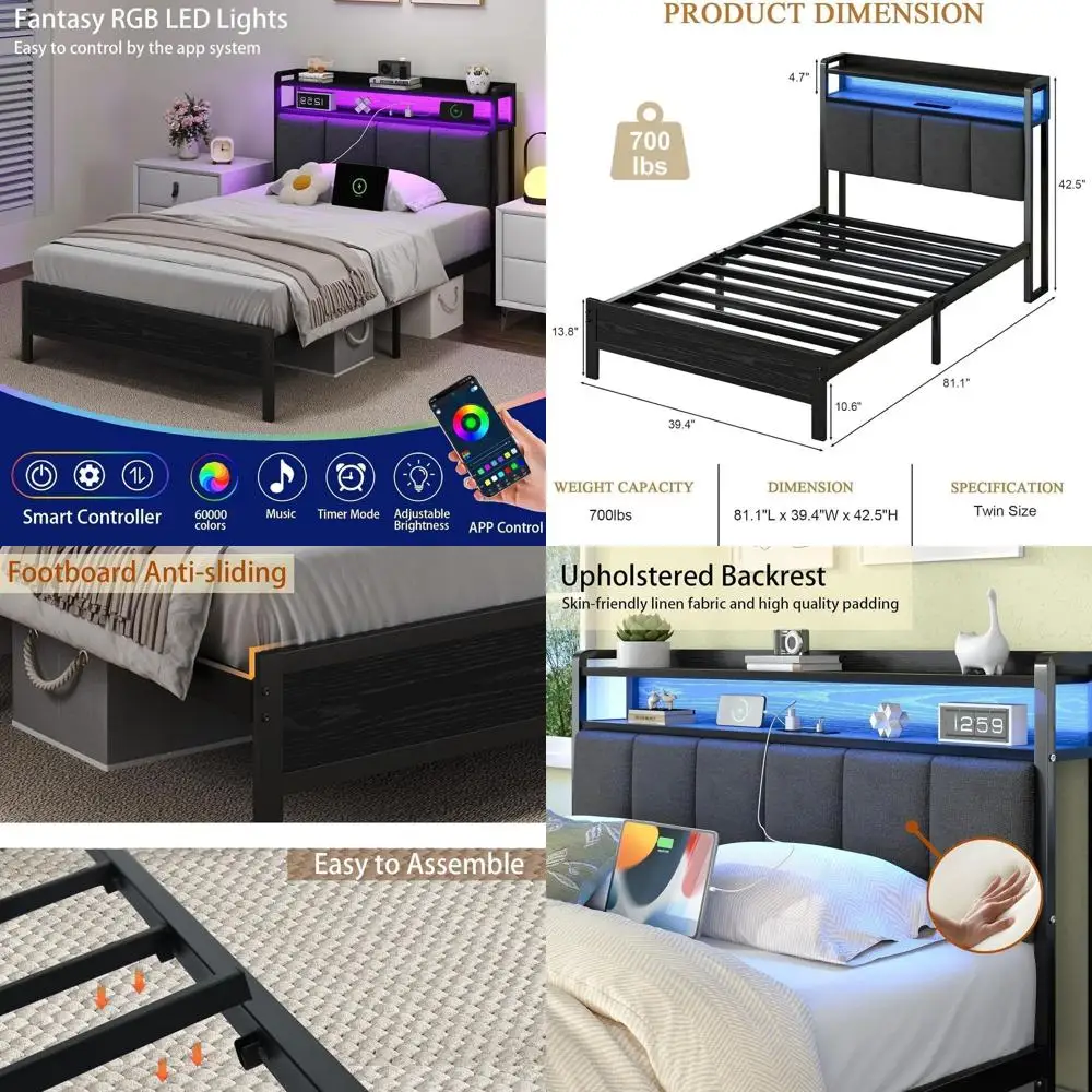 

LED-lit Twin Metal Platform Bed with Upholstered Storage, Heavy-Duty Slats, No Box Spring, Easy Assembly, Grey