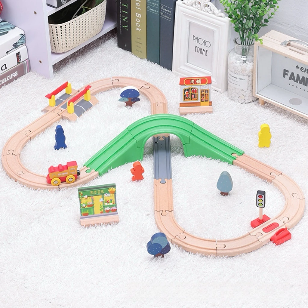 Wooden Train Track Set DIY Assemble Building Blocks Toy Creative Educational Wooden Tracks Compatible with Thomas Small Trains