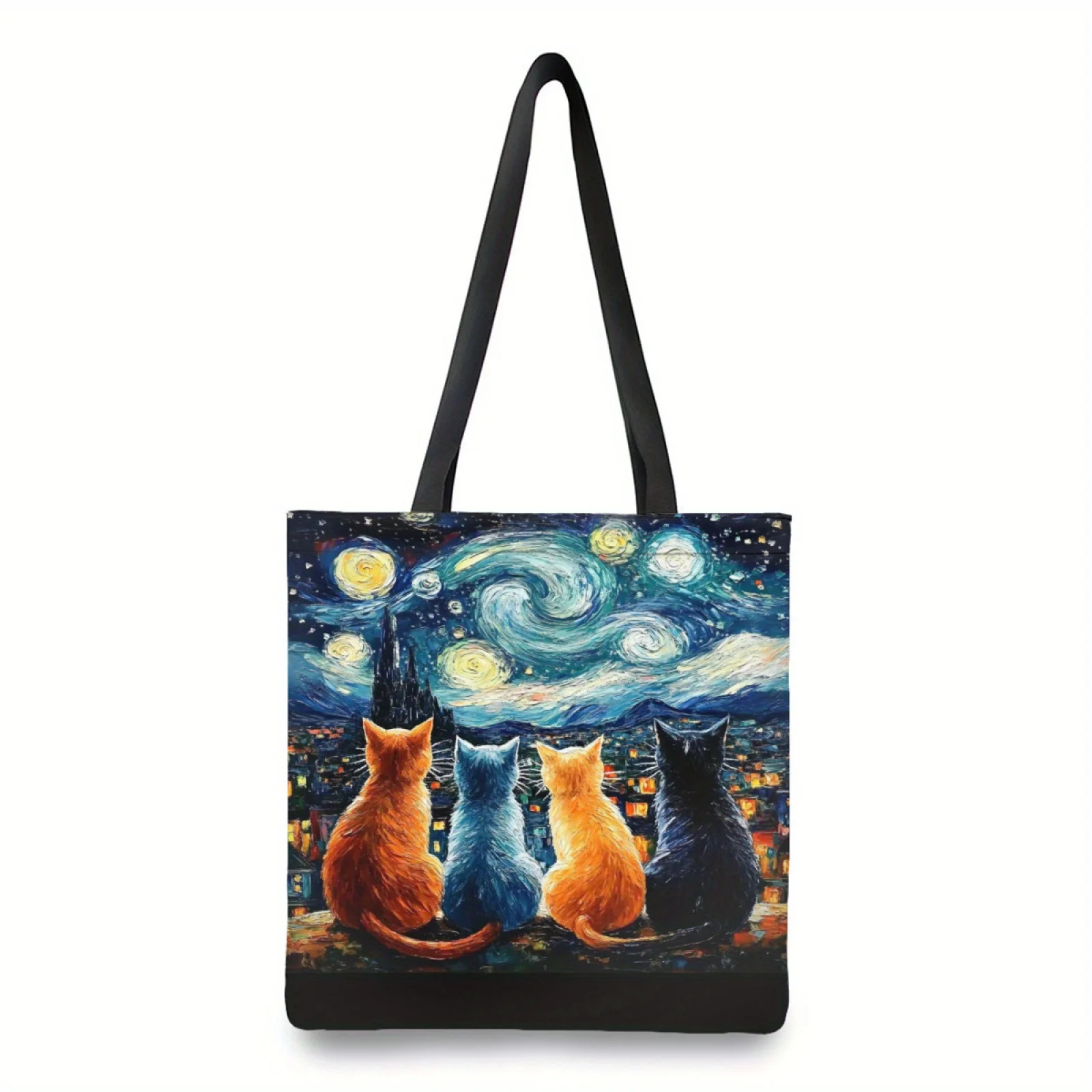 Starry Night Cats Tote Bag - Large, Reusable Grocery & Shopping Shoulder Bag with Durable Handles - Perfect for School