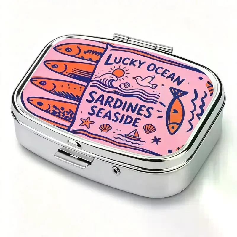 Metal Pill Case With Sardine Print Sturdy Hinged Lid Perfect For Travel Daily Carry 2-Compartment Portable