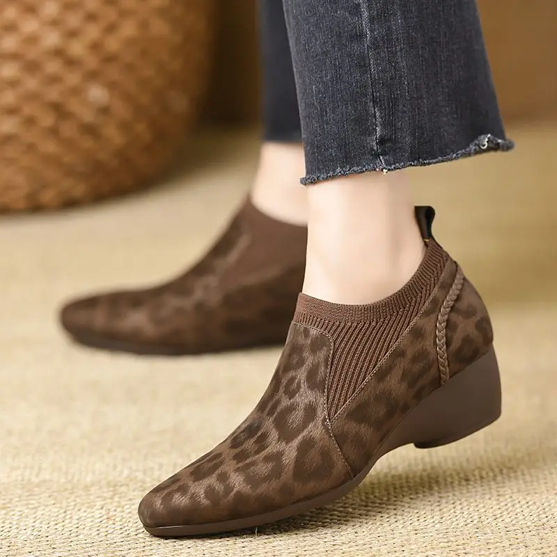 

Genuine Sheepskin Luxury Ladies Shoes Fashion Leopard Print Commute Wedge Heels Comfortable Soft Pigskin Elastic Band Loafers