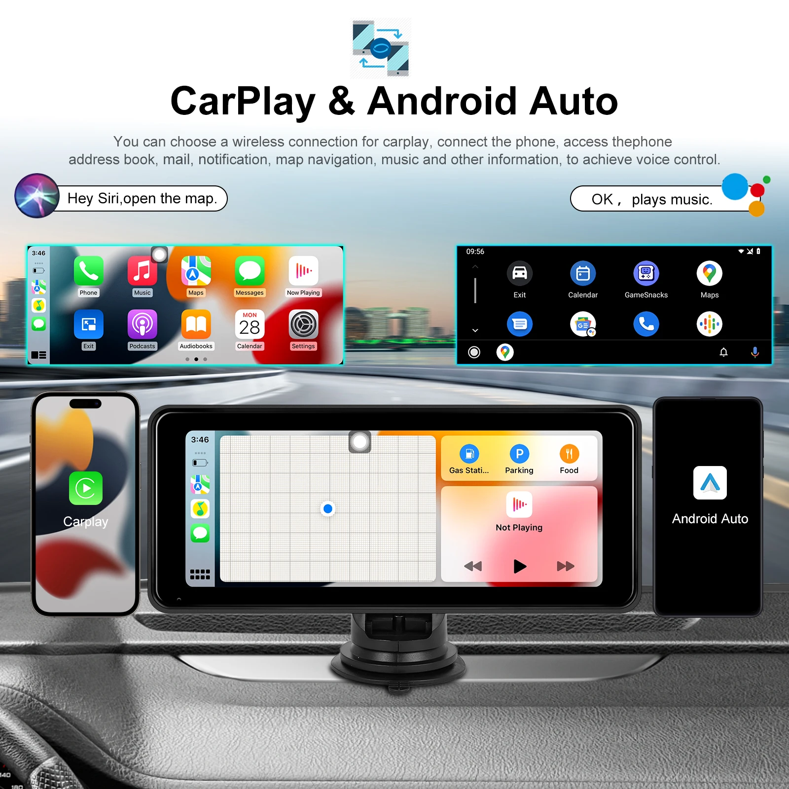 Podofo 6.86” CarPlay Monitor Car Carplay Android auto Screen Portable Smart Player Bluetooth Music FM EQ Dashboard Monitor