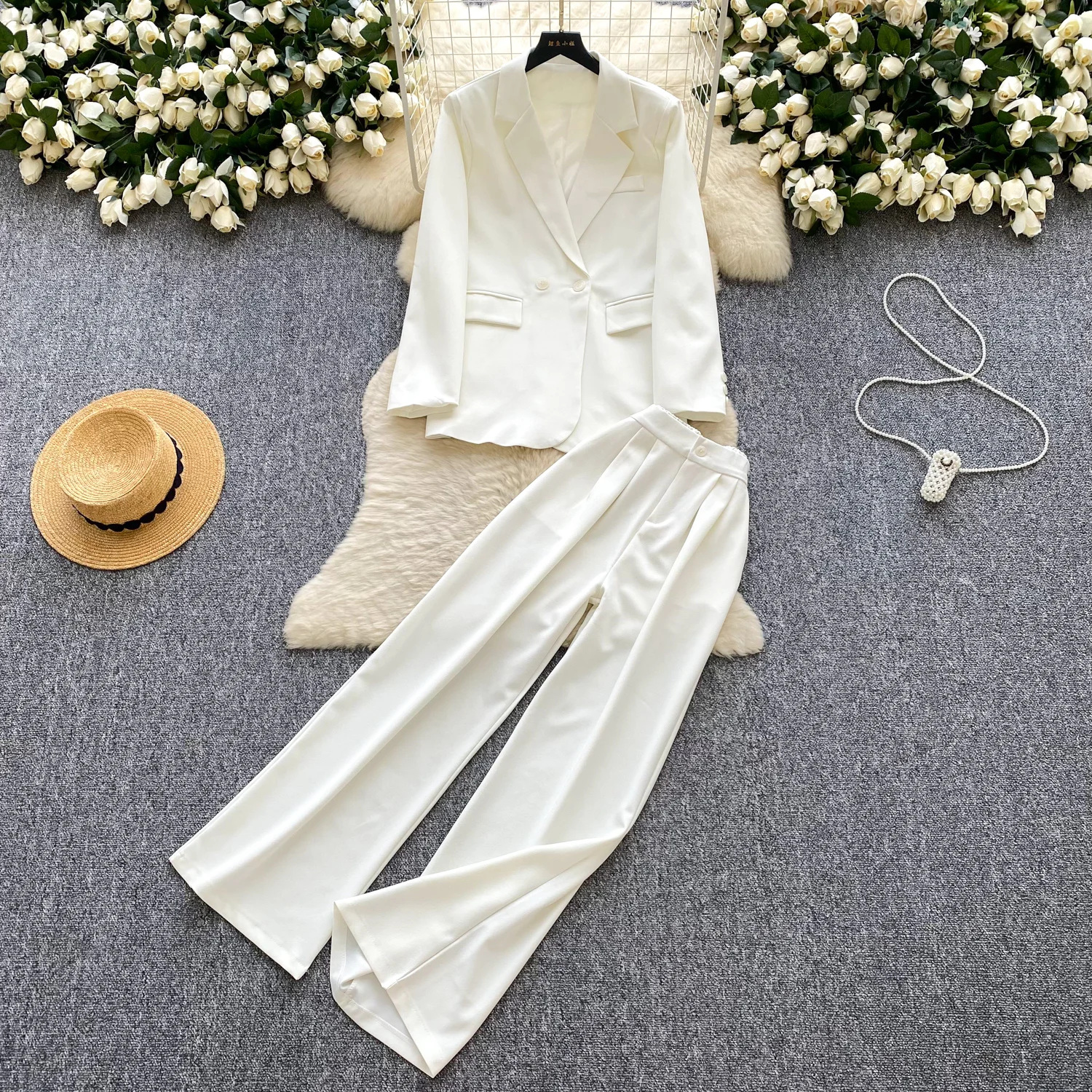 

Autumn Light Luxury High-end Pants 2 Piece Set Women Long-sleeved Suit Collar Top+High-waist Straight-leg Pants Office Lady Chic