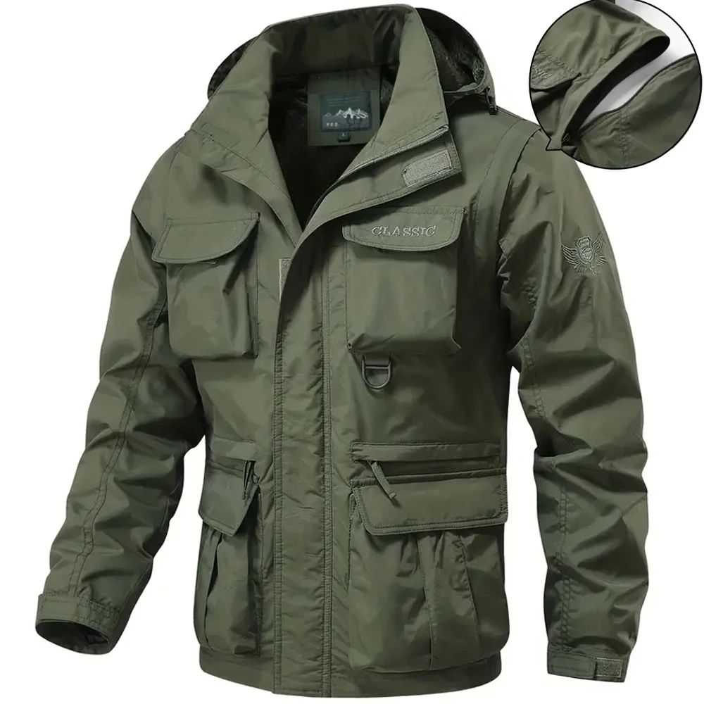 

Men Multi Pockets Fishing Jacket Tactical Tech Wear Outdoor Hood Sleeves Detachable Trip Vest Windbreaker Spring Autumn