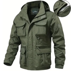 Men Multi Pockets Fishing Jacket  Tactical Tech Wear Outdoor Hood Sleeves Detachable Trip Vest Windbreaker Spring Autumn