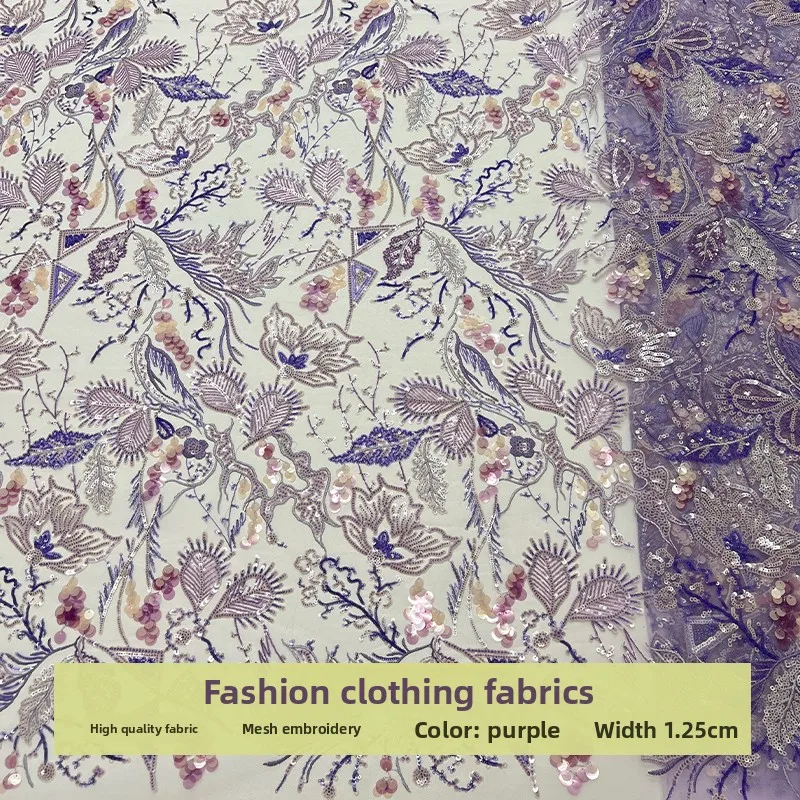 

Lace Mesh Branch Bead Sequin Embroidered Fabric for Perspective Dress Childrens Clothing Cloth Diy By The Yard Sewing Material