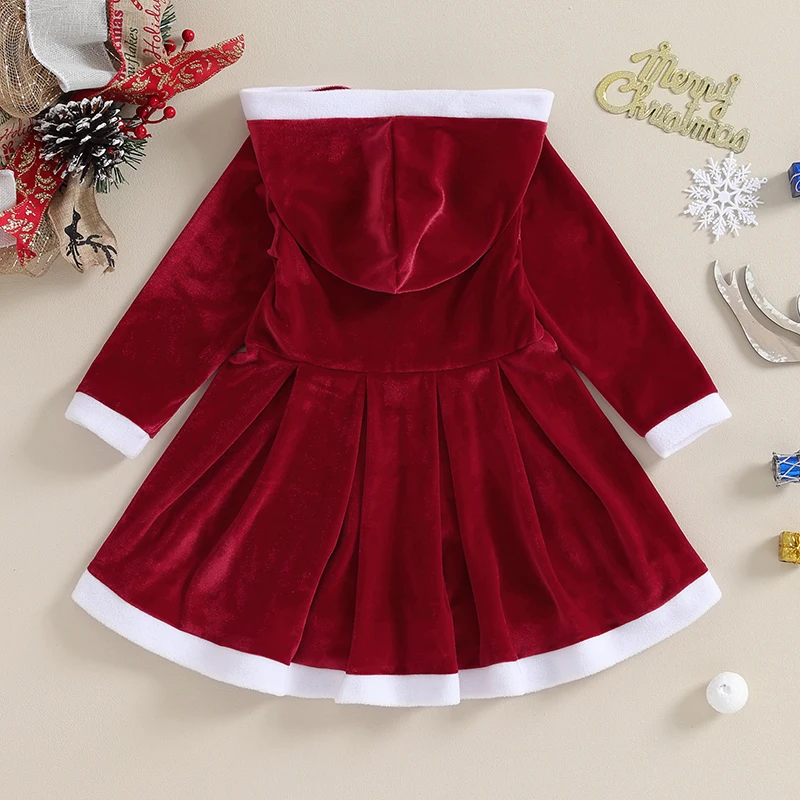 

Girls Winter Dress Long Sleeve Hooded Patchwork Dress with Snowflake Print A-line Dress for Holiday Party and Events