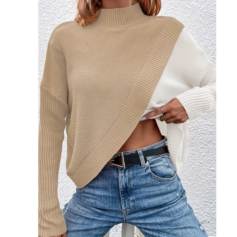 Casual Knitted Pullover Fashion Khaki White Patchwork Long Sleeve Sweater Autumn/Winter O-neck Office Sweater Pull Femme 28223