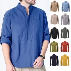 100% cotton linen men's shirt long sleeve with pockets spring summer slim slim breathable leisure high quality fashion