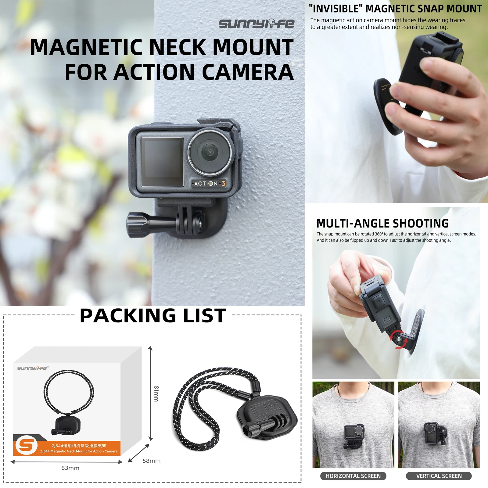 Sunnylife Magnetic Action Camera Neck Mount Chest Body Camera Necklace Lanyard Holder for GoPro 11/ Insta360 X3/4/5 Action 3/4/5