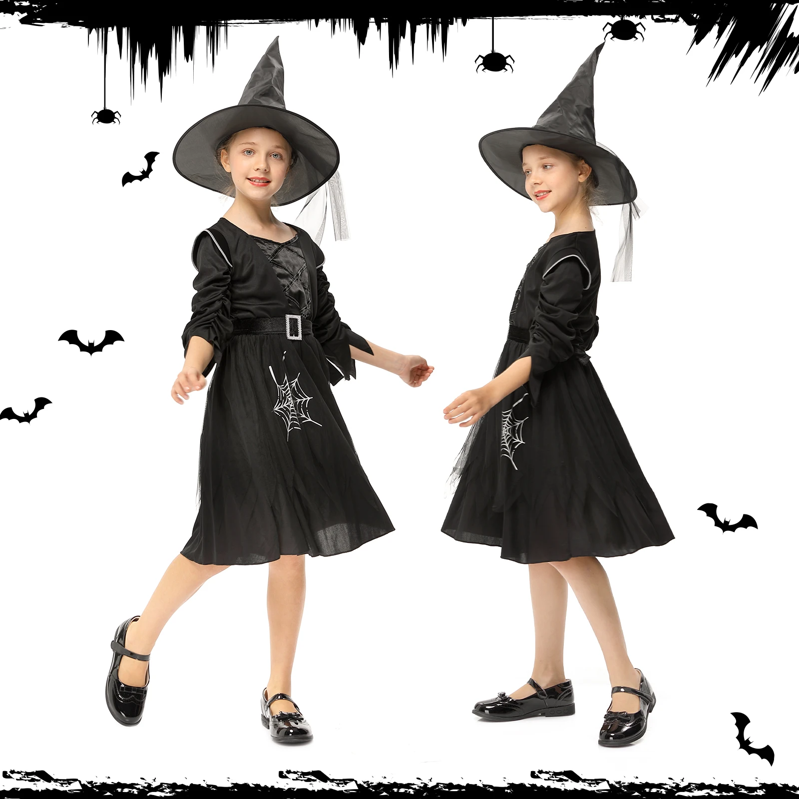 Girls Halloween Witch Costume Dress - Classic Black Fairytale Outfit for Kids, Dress-Up Role Play for Parties & Pretend Play view 4