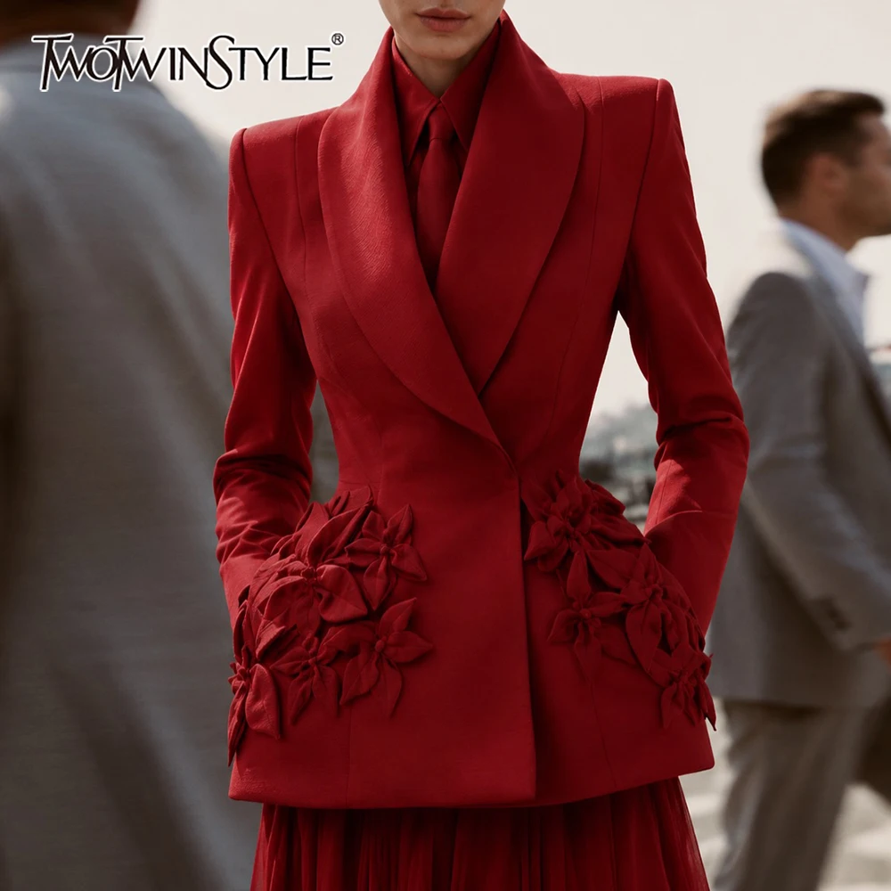 TWOTWINSTYLE Shawl Lapel Long Sleeve Blazer Jacket for Women Solid 3D Floral Applique Slim for Formal Evening Party Outerwear