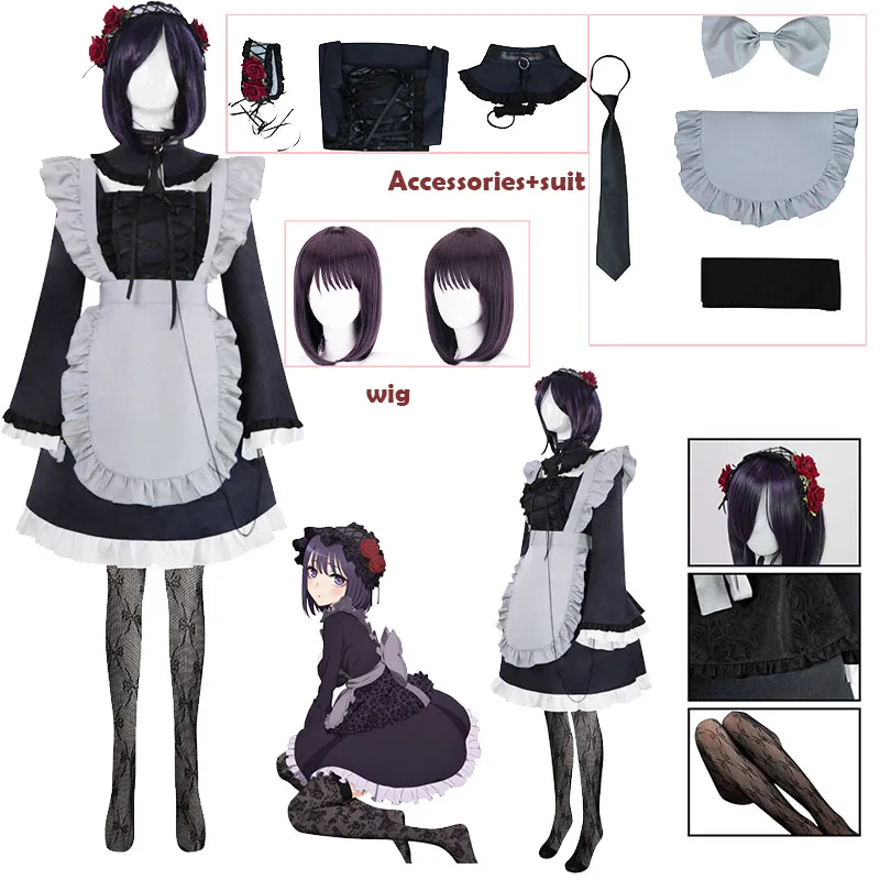 Disfraz de cosplay de My Dress-Up Darling, Kitagawa Marin, peluca, medias, vestido, uniforme de sirvienta sexy, conjunto completo para Halloween y Carnaval