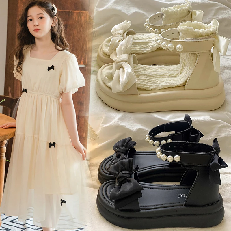 

Girls' Casual Sandals Beautifully Decorated with Bows and Pearls with A Buckle Design Comfortable and Breathable Quick-drying