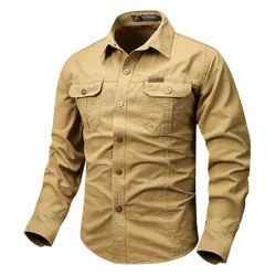 Retro Cargo style Men's Long Sleeve Shirt With Pocket Design, Men'sCasual Button Up Shirt For Spring Fall Qutdoo