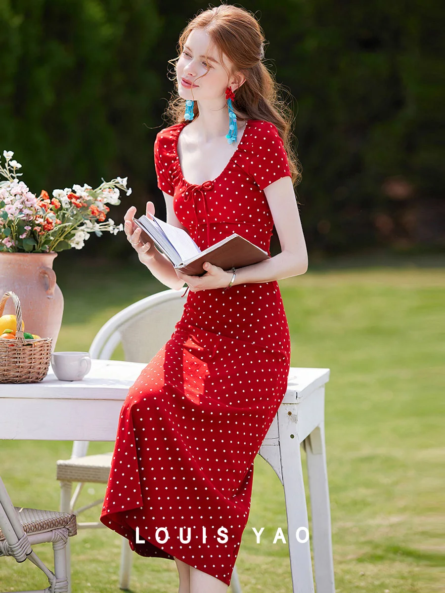 LOUIS YAO U-neck Polka Dot Dress 2025 Summer Sweet Lace Up Design Retro Waist Cinching Vacation Style Long Women's Dress