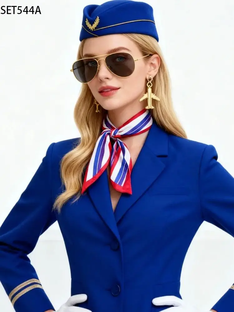 PESENAR Bluesy stewardess kostuumset badge blauwe hoed, vliegtuig oorbellen, sjaal witte handschoenen, cosplay outfit - afbeelding 2