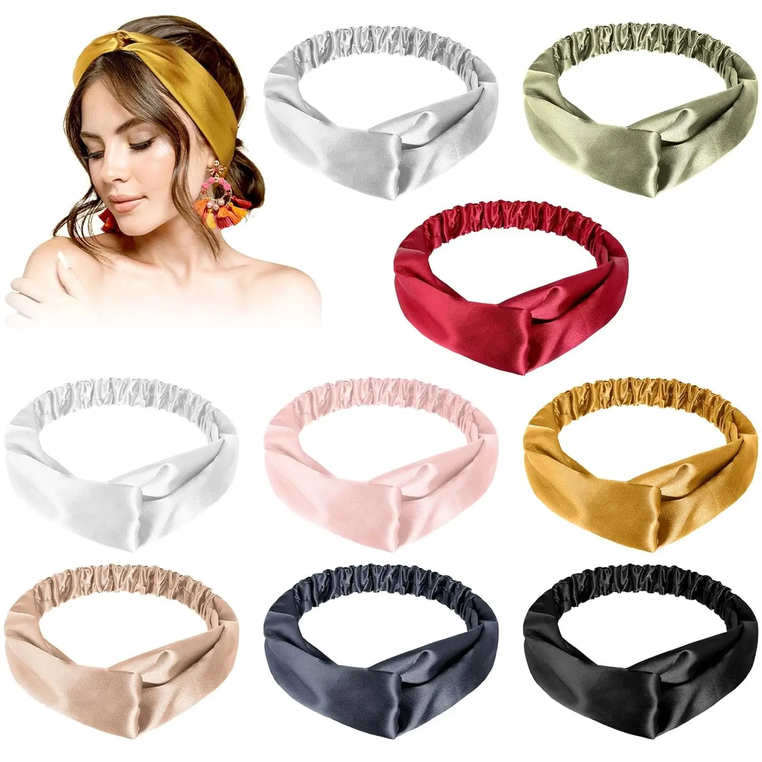 

9 Pcs Elastic Hair Wraps & Adjustable Satin Headbands, Twisted Turban for Face Washing, Women Girls Accessory, 9 Colors