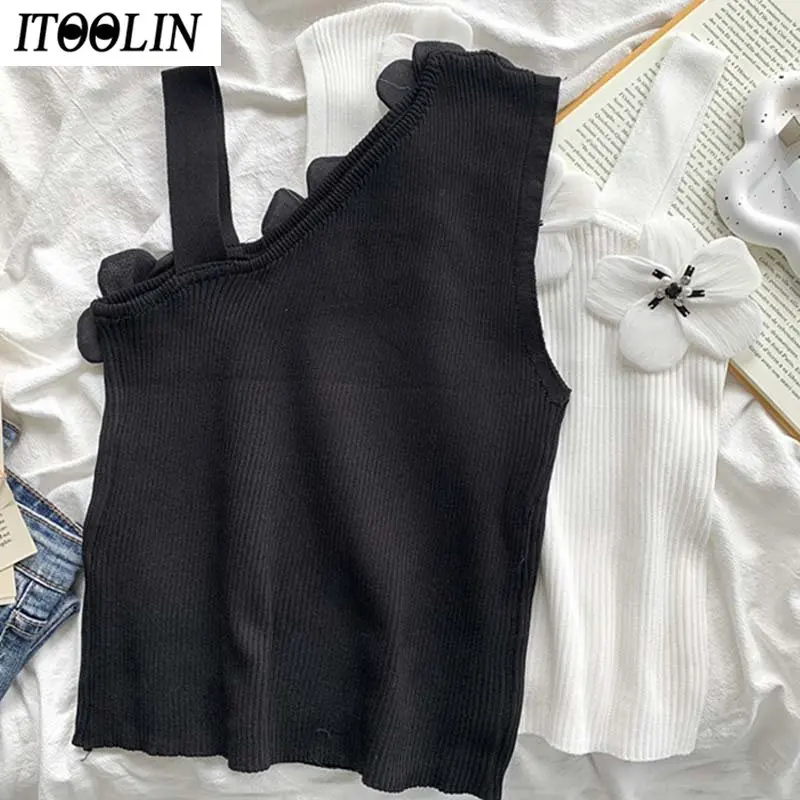 

ITOOLIN новый цветочный дизайн Camisole Женская Летняя асимметричная Элегантная модная женская майка с открытыми плечами Y2K Повседневная Трикотажная майка