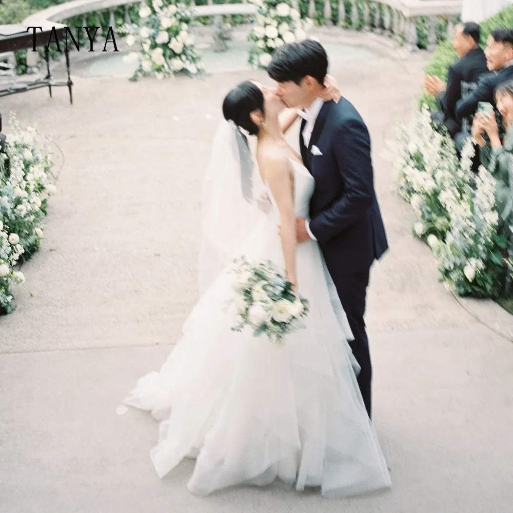 Robe de Mariée Élégante en Satin et Tulle à Bretelles Spaghetti, Col en V, pour Séance Photo, Ligne A, avec Traîne