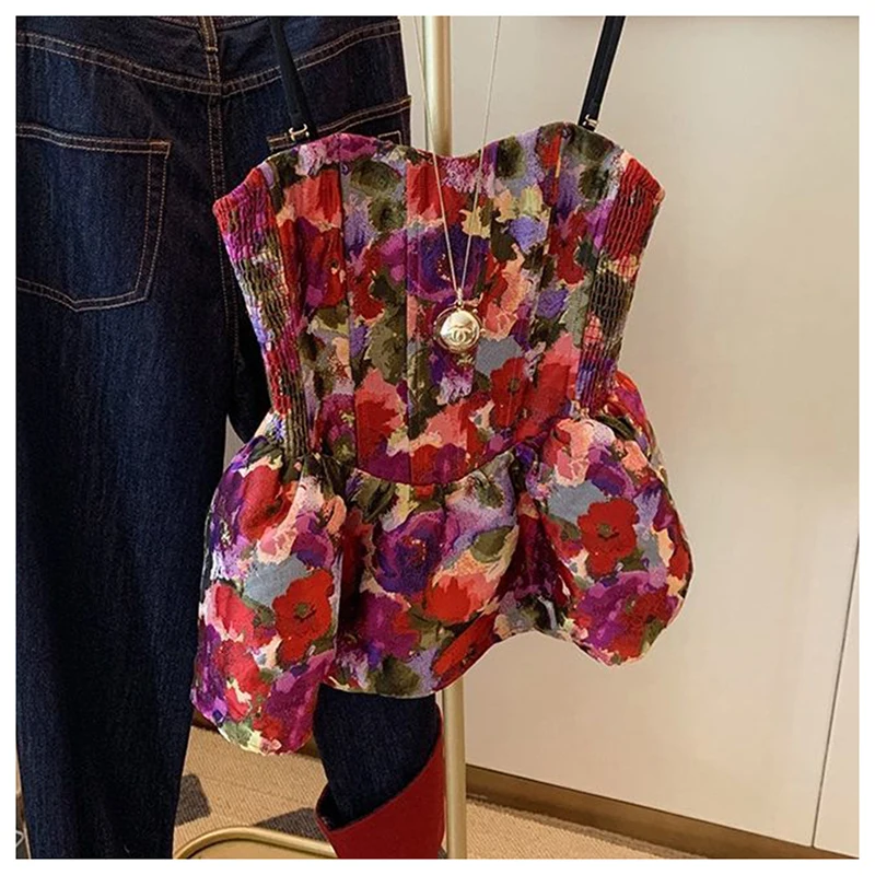 

retro flower print suspender women's summer 2024 new pleated waist cinched doll shirt vest top butterfly top