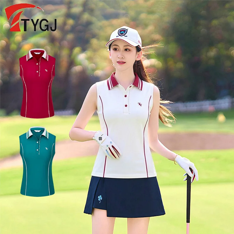 

TTYGJ Summer Women Golf Sleeveless Top Quick Dry Breathable Sports Shirts High Elasticity Button Polo Shirts Fitness Golf Wear