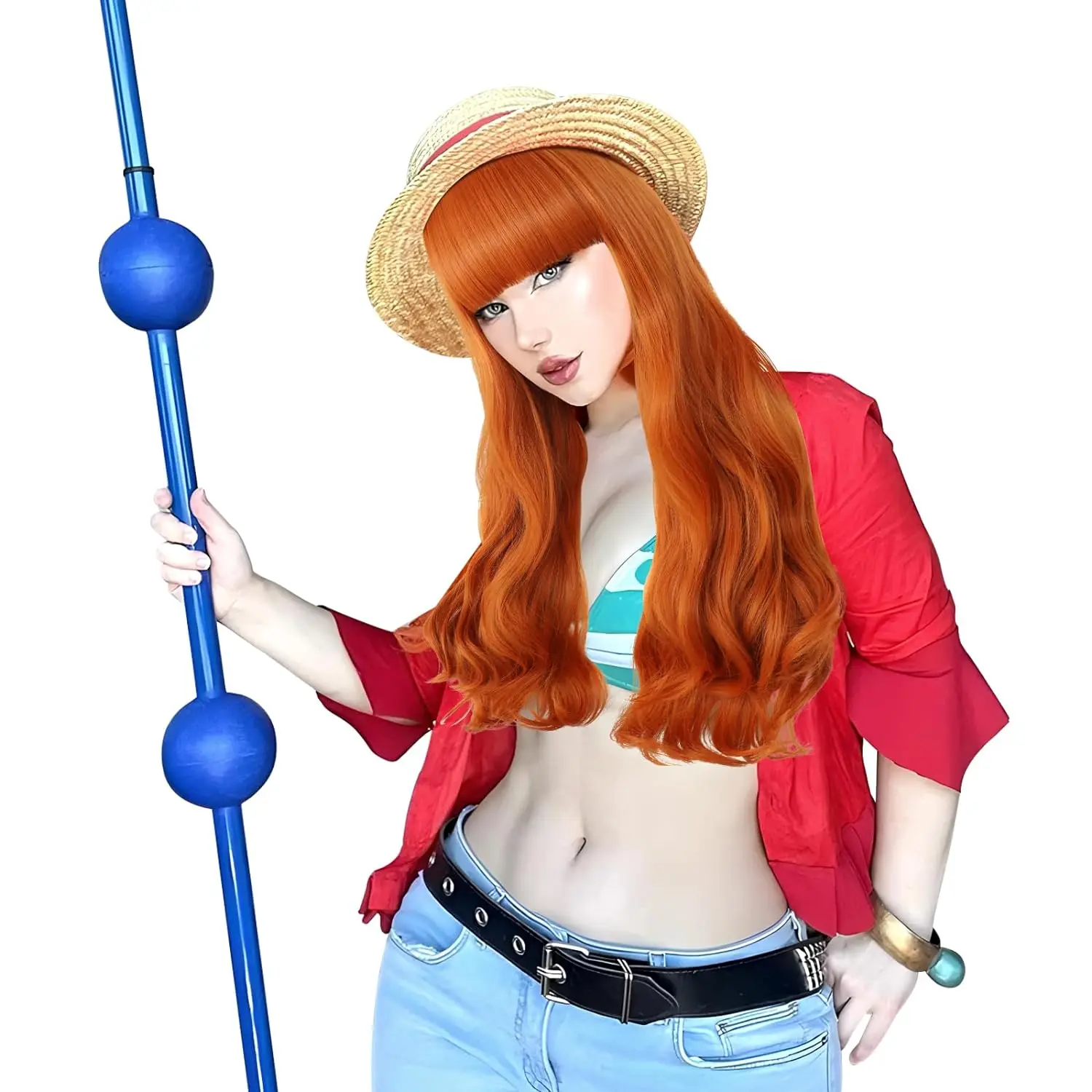 Orange Red Wig with Bangs Nami Wig Long Wavy Orange Wig for Women Girls Heat Resistant Synthetic Cosplay Party Costume Wig