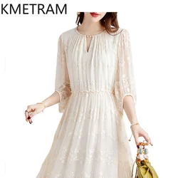 KMETRAM 100% Mulberry Silk Embroidery Dresses 2024 Women Summer White Dress New in Luxury Long Dresses Womans Clothing 여성여름원피스
