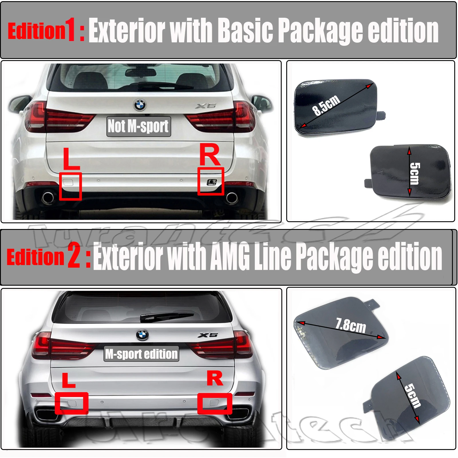 

Комплект из 2-х задних заглушек буксировочных крюков для BMW X5 F15 SAV 2014-2018 (модели 25dX, 28iX, 30dX, 35iX, 40dX, 50iX)