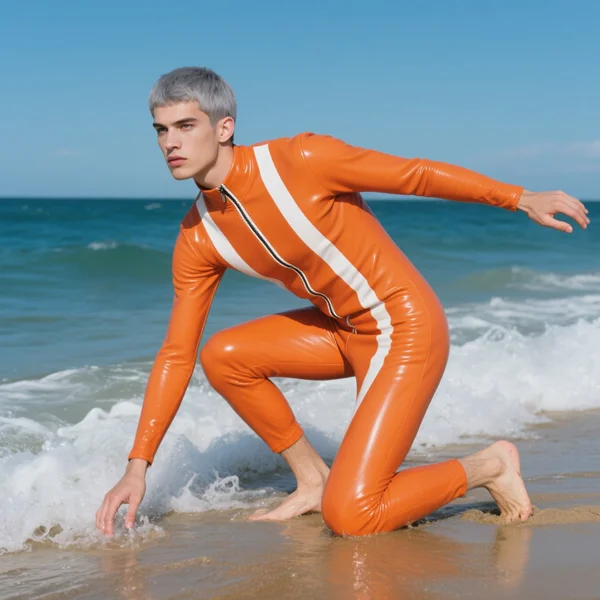 

100% Natural Latex Rubber Halloween Uniform Masquerade Handmade Custom Cosplay Catsuit Orange&White
