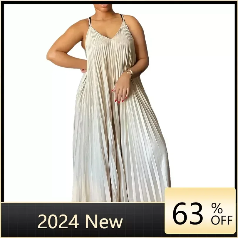 

African Pleat Dresses for Women Sexy African Sleeveless Summer V-neck Polyester Long Maxi Dress Dashiki Africa Clothing Outfits