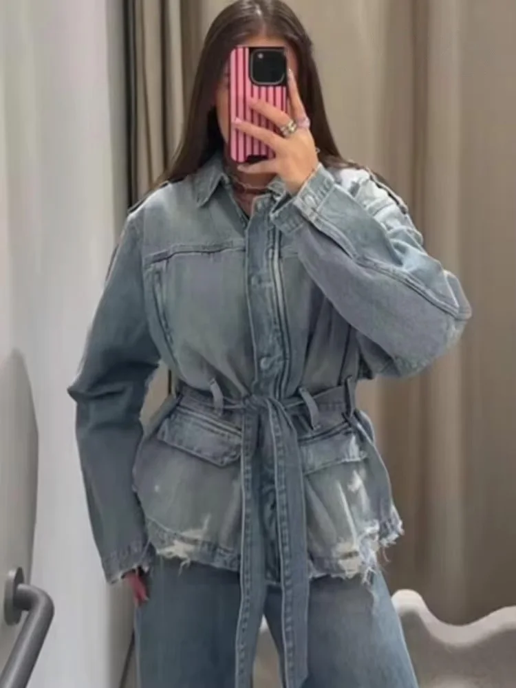 Hh mulheres outono vintage denim jaqueta feminina moda mangas compridas lapela com bolsos com cinto causal solto estilo de rua casacos