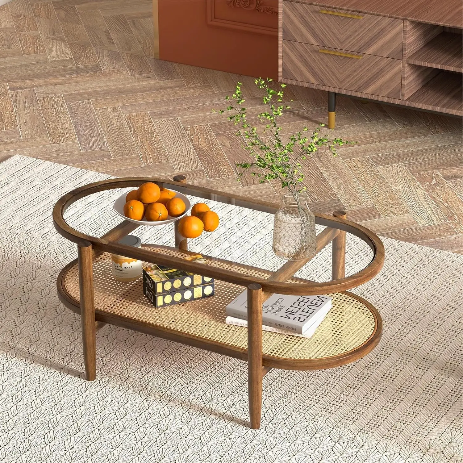 Coffee Table, 2-Tier Center Table With Tempered Glass Tabletop & PE Rattan Storage Shelf, Mid Century Modern Tea Tab