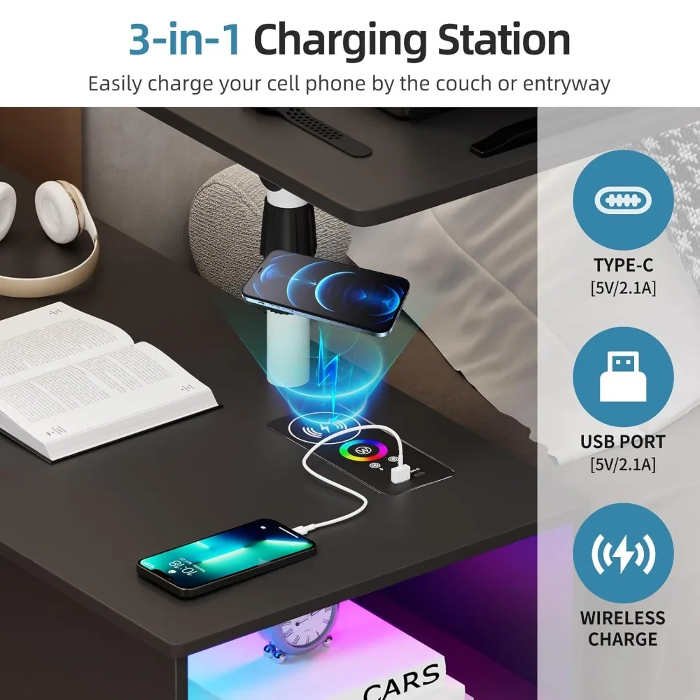 

360° LED Nightstand with Wireless Charging Station, Movable Adjustable Bedside Table with Laptop Tray, Auto Sensor, Customized